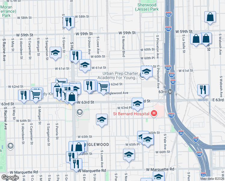 map of restaurants, bars, coffee shops, grocery stores, and more near 536 West Englewood Avenue in Chicago
