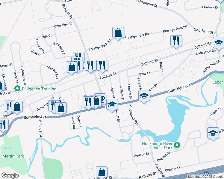 map of restaurants, bars, coffee shops, grocery stores, and more near 35 Hanmer Street in East Hartford