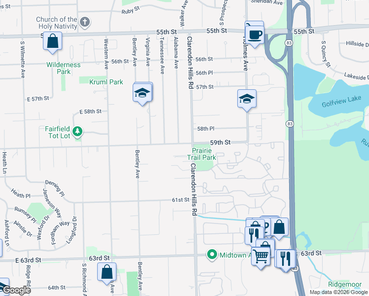 map of restaurants, bars, coffee shops, grocery stores, and more near 305 59th Street in Willowbrook