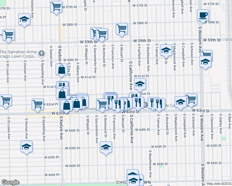 map of restaurants, bars, coffee shops, grocery stores, and more near 6158 South Francisco Avenue in Chicago