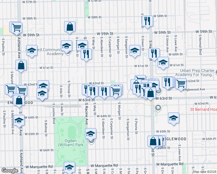 map of restaurants, bars, coffee shops, grocery stores, and more near 6212 South Carpenter Street in Chicago