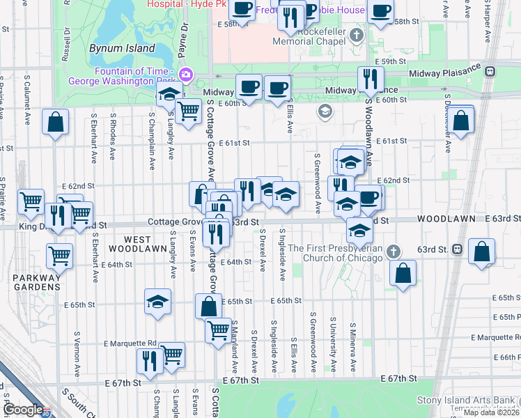 map of restaurants, bars, coffee shops, grocery stores, and more near 6232 South Ingleside Avenue in Chicago
