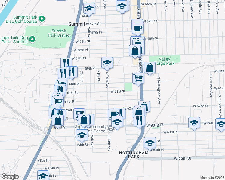 map of restaurants, bars, coffee shops, grocery stores, and more near 7336 West 61st Street in Summit