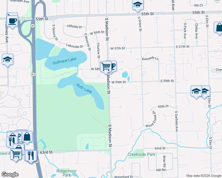 map of restaurants, bars, coffee shops, grocery stores, and more near 493 Old Surrey Road in Hinsdale