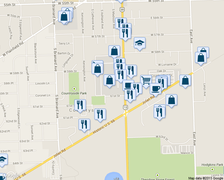 map of restaurants, bars, coffee shops, grocery stores, and more near 47 in Countryside