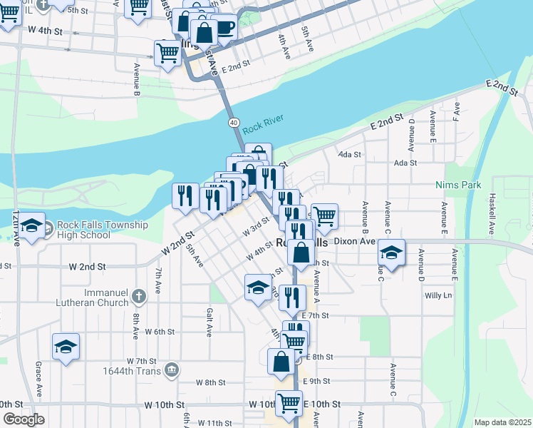 map of restaurants, bars, coffee shops, grocery stores, and more near 228 1st Avenue in Rock Falls