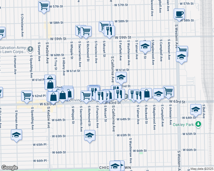 map of restaurants, bars, coffee shops, grocery stores, and more near 6159 South Mozart Street in Chicago