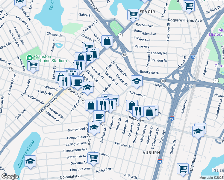 map of restaurants, bars, coffee shops, grocery stores, and more near 28 Burnside Street in Cranston
