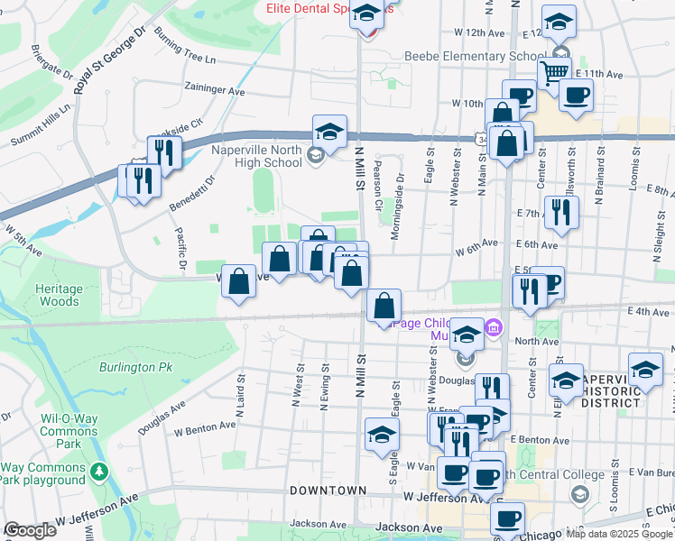 map of restaurants, bars, coffee shops, grocery stores, and more near 524 West 5th Avenue in Naperville