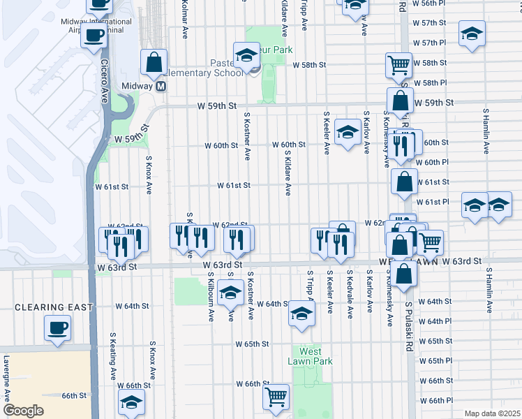 map of restaurants, bars, coffee shops, grocery stores, and more near 6134 South Kolin Avenue in Chicago