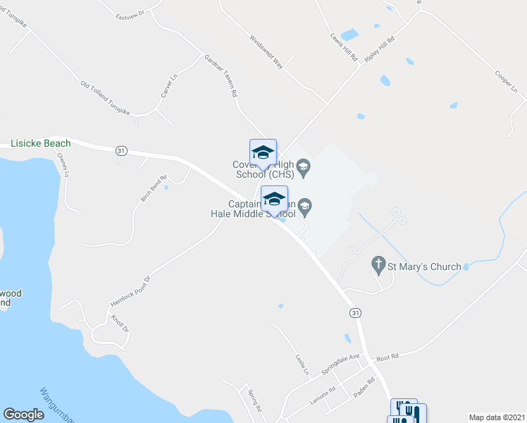 map of restaurants, bars, coffee shops, grocery stores, and more near 1776 Main Street in Coventry