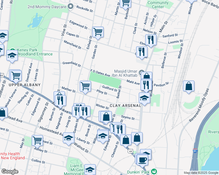 map of restaurants, bars, coffee shops, grocery stores, and more near 34 Guilford Street in Hartford