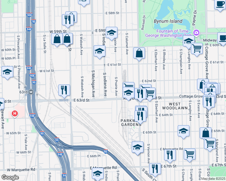 map of restaurants, bars, coffee shops, grocery stores, and more near 6224 South Prairie Avenue in Chicago