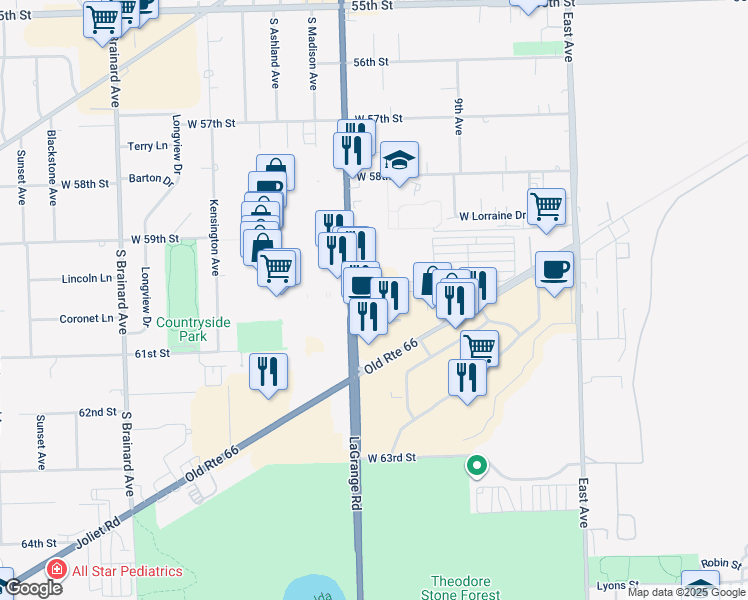 map of restaurants, bars, coffee shops, grocery stores, and more near 6003 South La Grange Road in Countryside