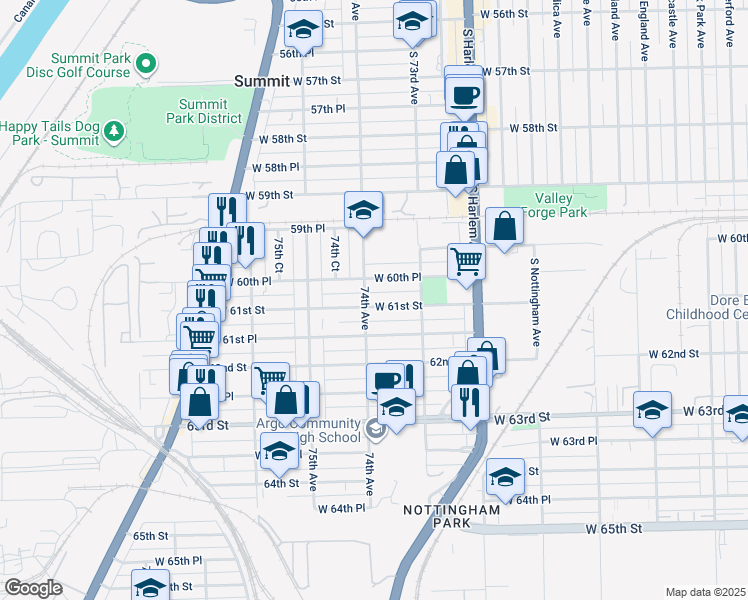 map of restaurants, bars, coffee shops, grocery stores, and more near 7336 West 61st Street in Summit