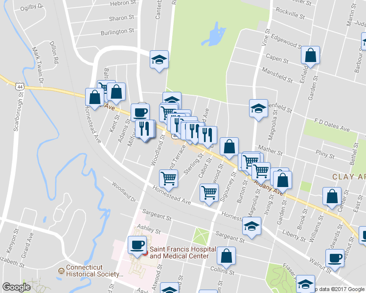 map of restaurants, bars, coffee shops, grocery stores, and more near 82 Oakland Terrace in Hartford