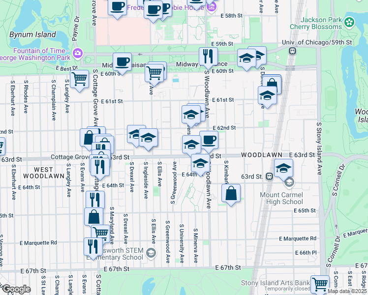 map of restaurants, bars, coffee shops, grocery stores, and more near 6240 South University Avenue in Chicago