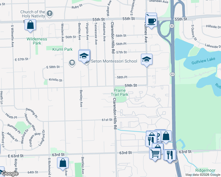 map of restaurants, bars, coffee shops, grocery stores, and more near 305 59th Street in Willowbrook