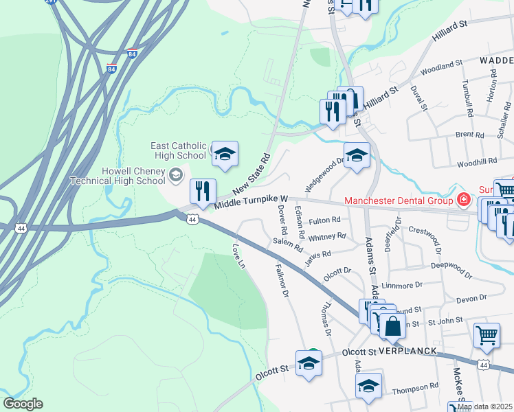 map of restaurants, bars, coffee shops, grocery stores, and more near 698 Middle Turnpike West in Manchester
