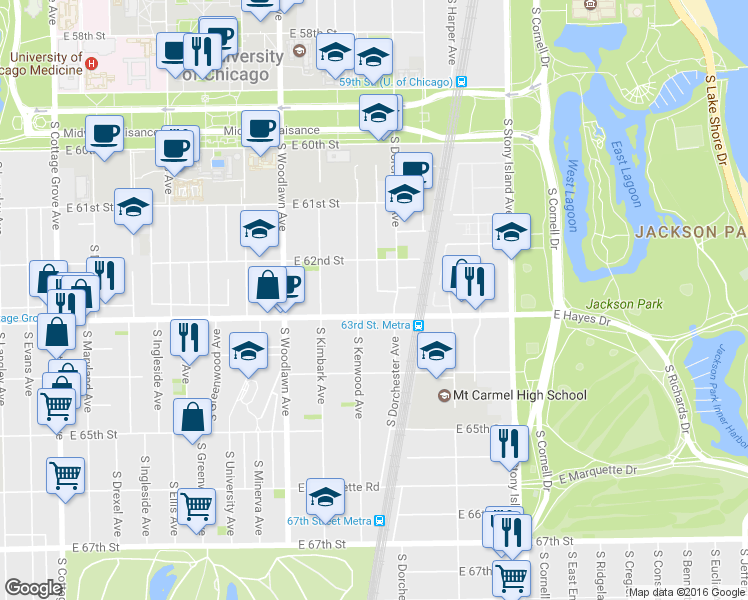 map of restaurants, bars, coffee shops, grocery stores, and more near 6243 S Kenwood Ave in Chicago
