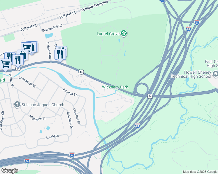 map of restaurants, bars, coffee shops, grocery stores, and more near 1176 Middle Turnpike West in Manchester