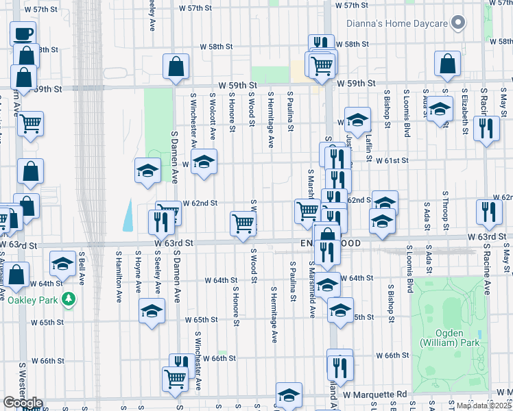 map of restaurants, bars, coffee shops, grocery stores, and more near 6203 South Wood Street in Chicago