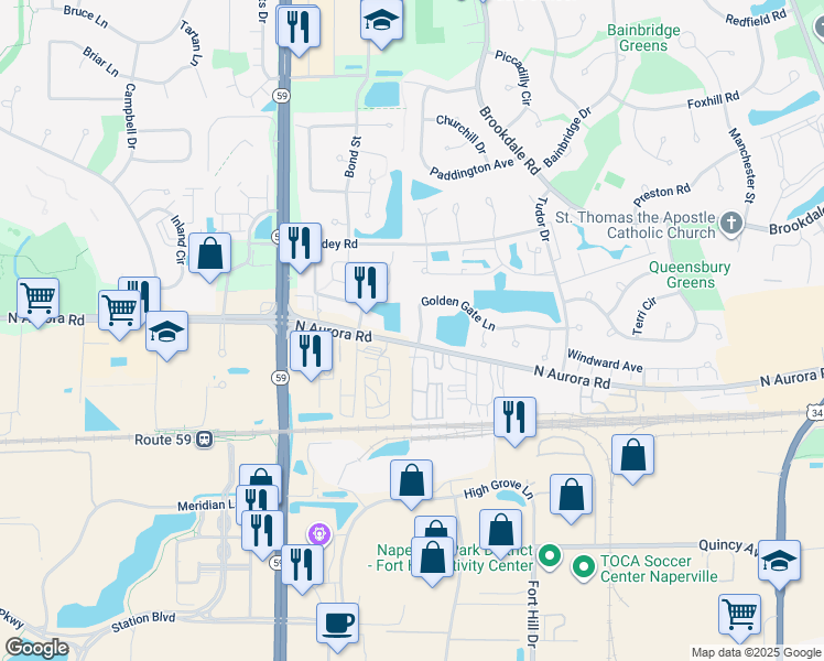 map of restaurants, bars, coffee shops, grocery stores, and more near 1995 Golden Gate Lane in Naperville