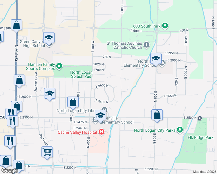 map of restaurants, bars, coffee shops, grocery stores, and more near 516 East Red Oak Drive in North Logan