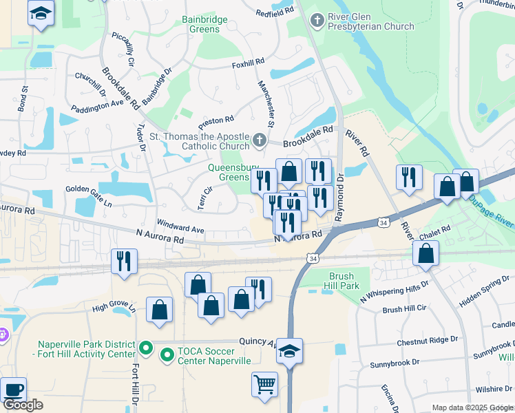 map of restaurants, bars, coffee shops, grocery stores, and more near 725 Small Court in Naperville