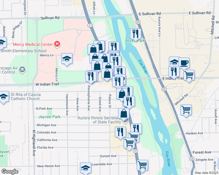map of restaurants, bars, coffee shops, grocery stores, and more near 333 Old Indian Trail in Aurora