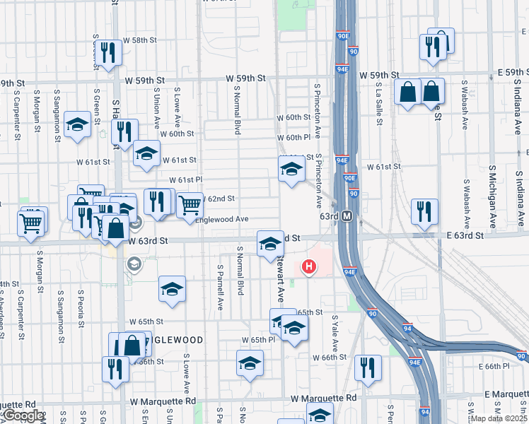 map of restaurants, bars, coffee shops, grocery stores, and more near 422 W Englewood Ave in Chicago