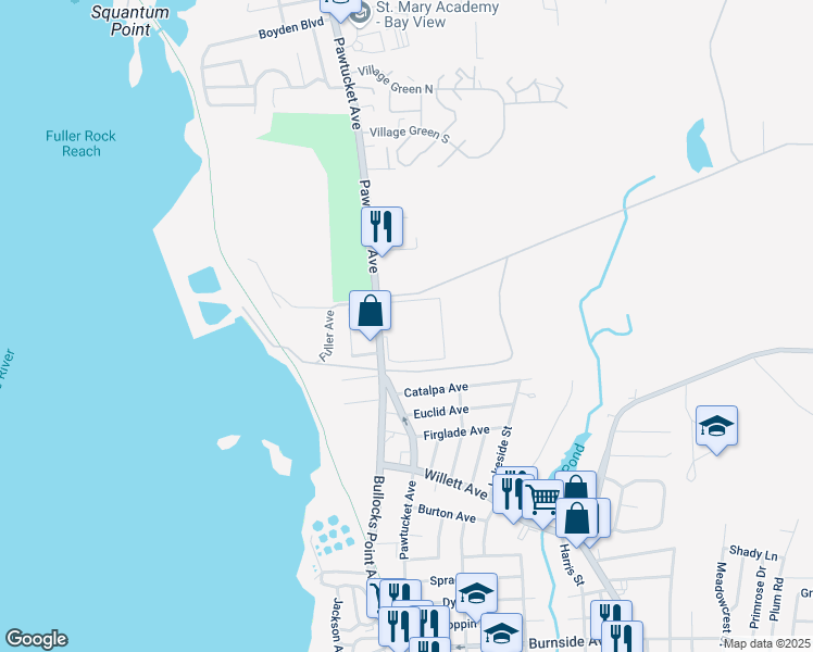 map of restaurants, bars, coffee shops, grocery stores, and more near 3400 Pawtucket Avenue in East Providence