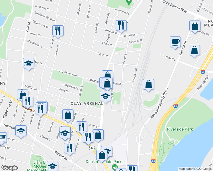 map of restaurants, bars, coffee shops, grocery stores, and more near 1954 Main Street in Hartford