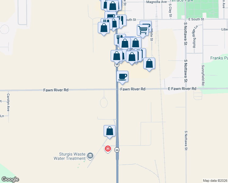 map of restaurants, bars, coffee shops, grocery stores, and more near 1729 South Centerville Road in Sturgis