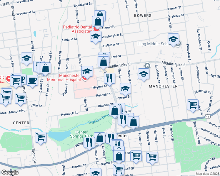 map of restaurants, bars, coffee shops, grocery stores, and more near 360 Main Street in Manchester