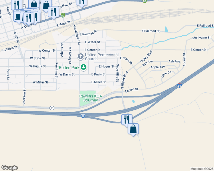 map of restaurants, bars, coffee shops, grocery stores, and more near 10 Monte Vista Tr Court in Rawlins