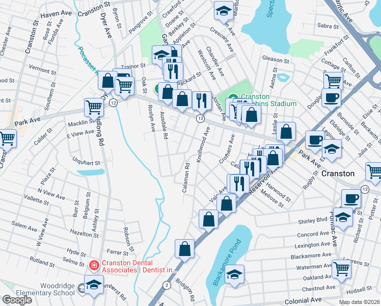 map of restaurants, bars, coffee shops, grocery stores, and more near 135 Calaman Road in Cranston