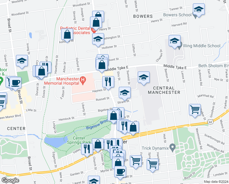 map of restaurants, bars, coffee shops, grocery stores, and more near 360 Main Street in Manchester