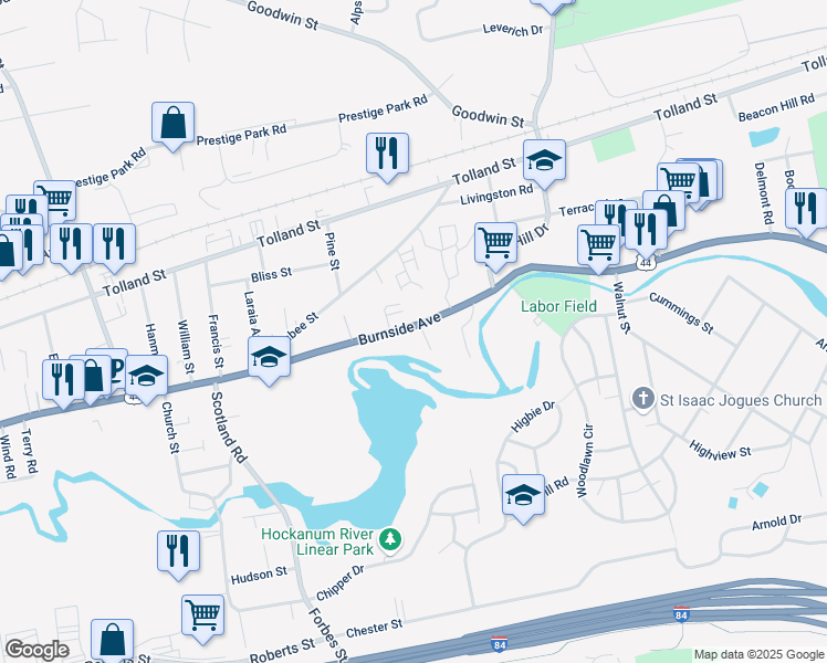 map of restaurants, bars, coffee shops, grocery stores, and more near 885 Burnside Avenue in East Hartford