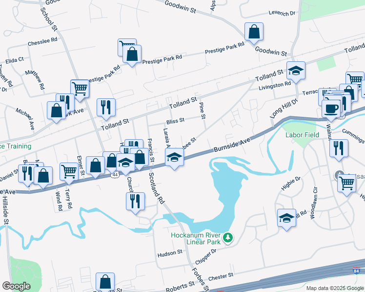 map of restaurants, bars, coffee shops, grocery stores, and more near 50 Larrabee Street in East Hartford