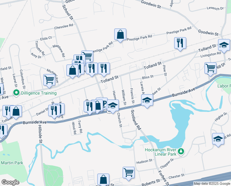 map of restaurants, bars, coffee shops, grocery stores, and more near 33 William Street in East Hartford