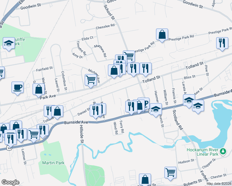 map of restaurants, bars, coffee shops, grocery stores, and more near 437 Tolland Street in East Hartford