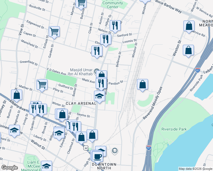 map of restaurants, bars, coffee shops, grocery stores, and more near 1954 Main Street in Hartford