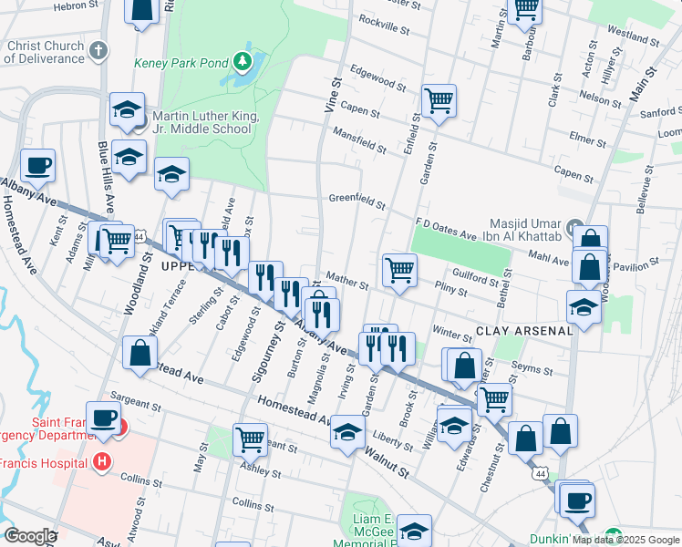 map of restaurants, bars, coffee shops, grocery stores, and more near 240 Mather Street in Hartford