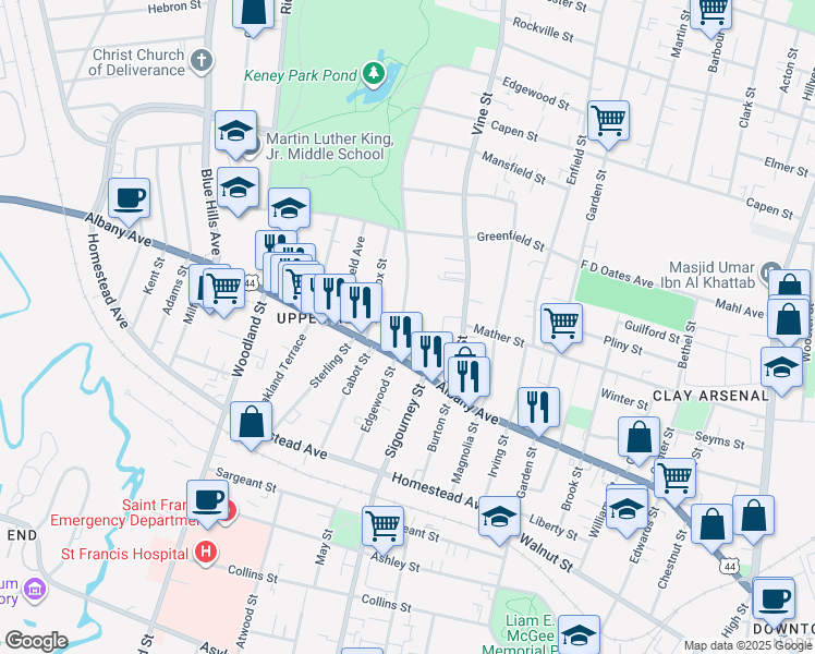map of restaurants, bars, coffee shops, grocery stores, and more near 124-126 Edgewood Street in Hartford