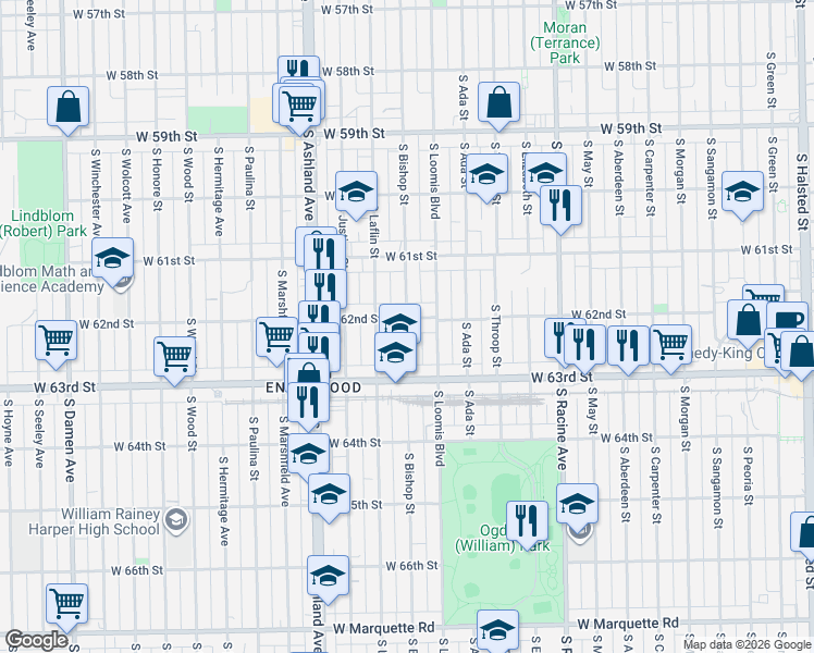 map of restaurants, bars, coffee shops, grocery stores, and more near 1413 West 62nd Street in Chicago