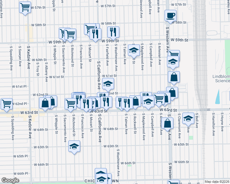 map of restaurants, bars, coffee shops, grocery stores, and more near 2710 West 62nd Street in Chicago