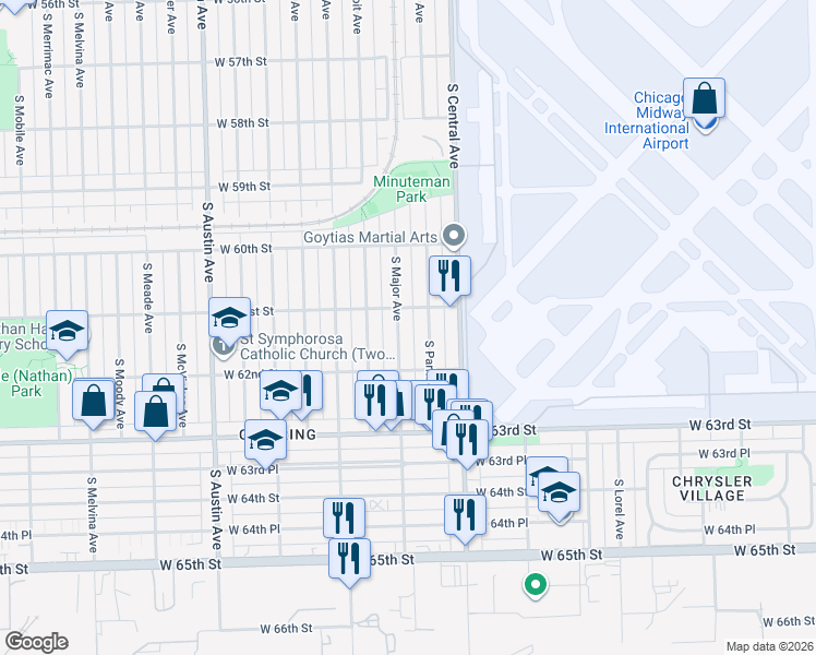 map of restaurants, bars, coffee shops, grocery stores, and more near 6122 South Parkside Avenue in Chicago