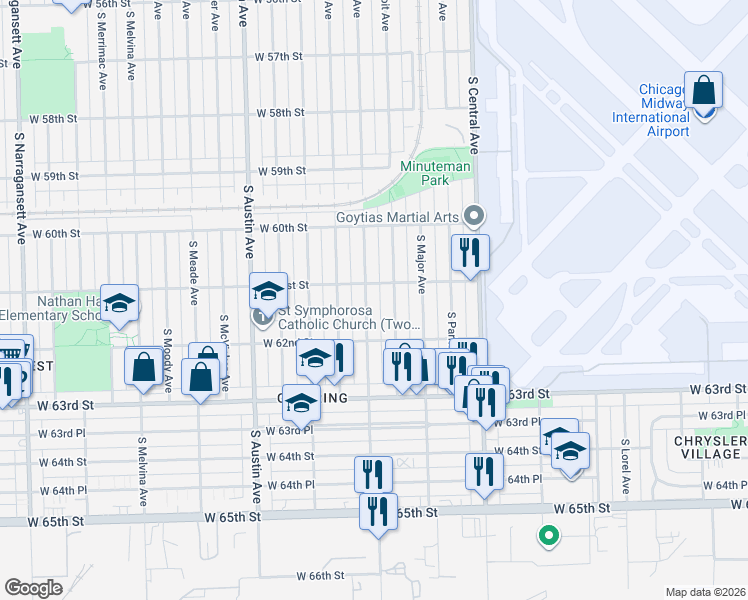 map of restaurants, bars, coffee shops, grocery stores, and more near 6119 South Menard Avenue in Chicago