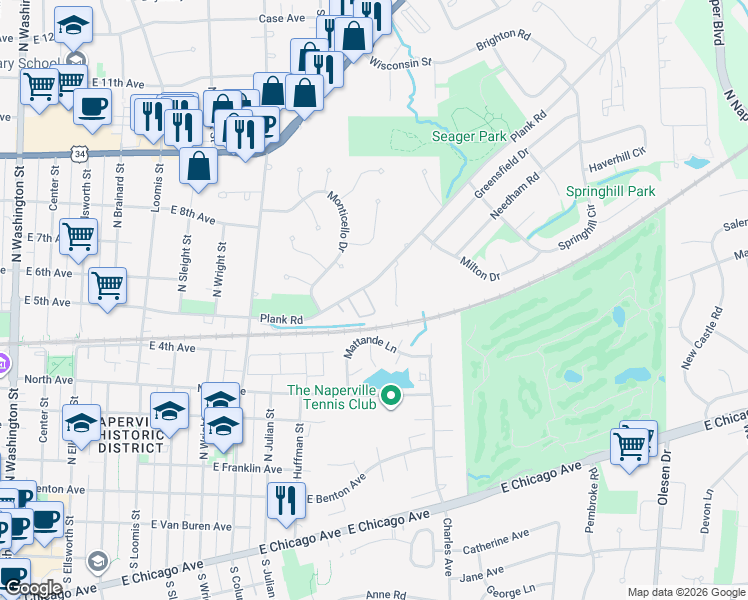 map of restaurants, bars, coffee shops, grocery stores, and more near 940 Coletta Circle in Naperville